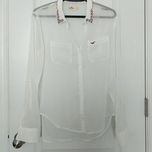 Button up, collared shirt with intricate beading